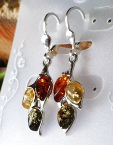 SCHMUCK-STCK OHRRINGE 925 SILBER BERNSTEIN 3 HÄNGER multi grün honiggelb braun