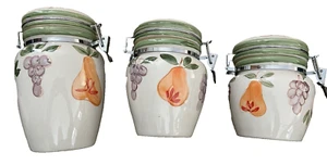 Gibson Set of 3 Ceramic Canisters w/ Latched Lids Hand Painted Fruit Pattern - Picture 1 of 6