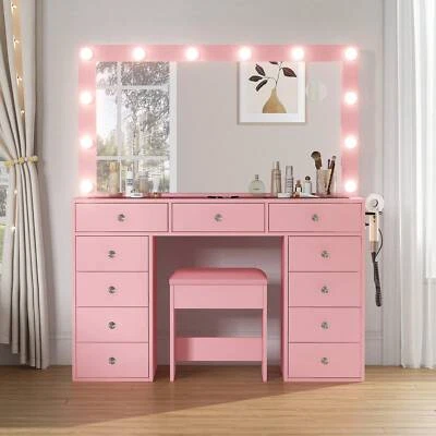 Tocador de Maquillaje con Espejo y 12 Luces LED, Mesa de Maquillaje con 11 Cajones  Foto 1 de 4