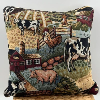Vintage Tapestry Throw Pillow Barn Farm Animal Corded Cow Rooster Pig Rustic - Image 1 of 4