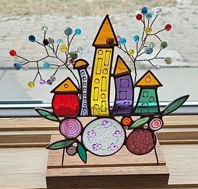 Stained Glass Tea Light Candle Holder Whimsical Trees & Houses City - Image 1 of 4