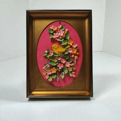 Three-Dimensional Paper Framed Artwork Bird Flowers Asian Motif - Size 6" X 8" - Image 1 of 4