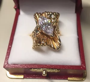 Vintage 18K HGE Marquis CZ Size 8 Freeform Engagement Ring 1980s Estate Piece - Picture 1 of 12