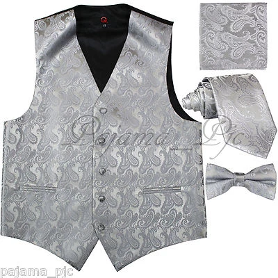 SILVER XS -6XL Paisley Tuxedo Dress Vest Waistcoat & Neck tie & Bowtie And Hanky - Image 1 of 3