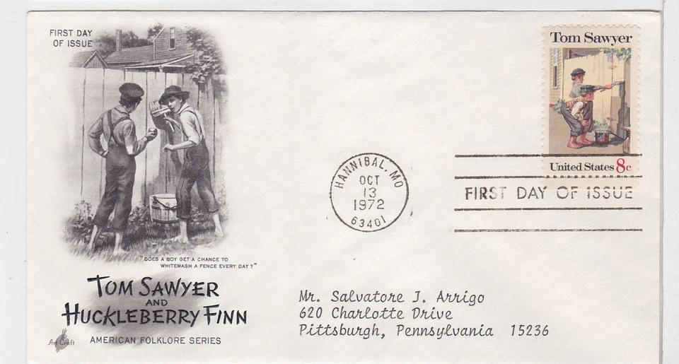 TurtlesTradingPost- Tom Sawyer- Mark Twain 1972 FDC #1470- Artcraft Cachet - Image 1 of 1