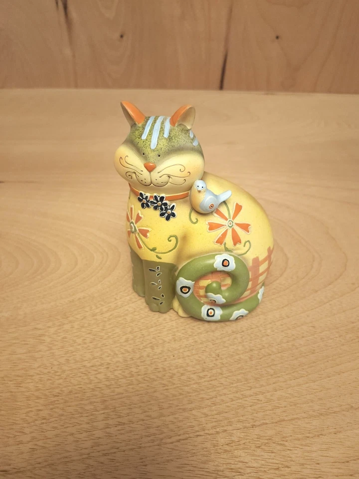 Кошка птица фигурка причудливый страны стиль зеленый желтый домашний декор поли камень - Изображение 1 из 4