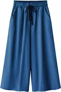 Women Elastic Waist Wide Leg Capris Cropped Pants Palazzo Culottes with Pockets - Picture 1 of 15