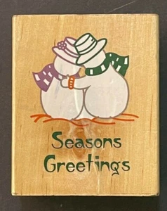 Season Greetings Christmas Holiday Winter Snowman Couple Love Wood Rubber Stamp - Picture 1 of 3