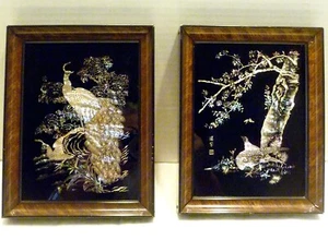 PAIR Vintage MOTHER of PEARL Pheasant Bird PAINTINGS Framed  w/ Labels JAPAN - Picture 1 of 13