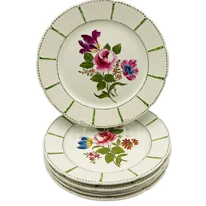Wedgwood Etruria Set 6 Floral Bouquet Dinner Plates 9" Weave Border Green Trim - Picture 1 of 21