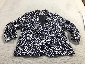 Dressbarn Blazer Jacket Womens XL Blue White Cheetah Print Long Sleeve Buttons - Picture 1 of 14
