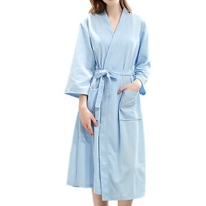 Women's Long Sleeve Waffle Bathrobe Soft Lightweight V Neck Kimono Bath Robe