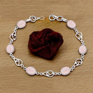 Echt Rosenquarz Edelstein 925 Sterling Silber Overlay Handarbeit Armband Damen - Bild 1 von 5