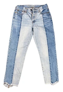 American Eagle Vintage High Rise zweifarbig ausgefranster Saum Knopfleiste Jeans Größe 4 Reg - Bild 1 von 5