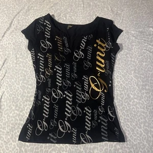 Y2K Vintage G Unit Black Gold Glitter Script Womens Fitted Tee Medium Mcbling - Picture 1 of 5
