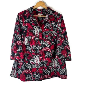 Crofts & Barrow Womens Tunic Top Size 1X Red Floral Button Up Chest Pocket - Picture 1 of 21