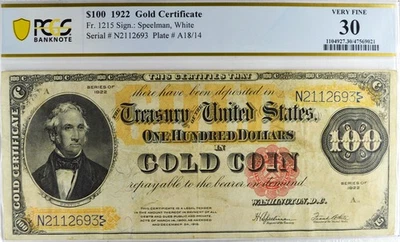 Billete Speelman PCGS 1922 CERTIFICADO ORO 100 FR 1215 en estado bastante bueno 30 Foto 1 de 2