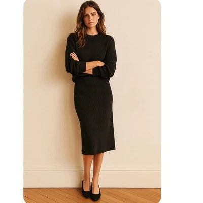 Saia lápis Vince preta de malha com nervuras com fenda nas costas clássica minimalista pequena - Imagem 1 de 4