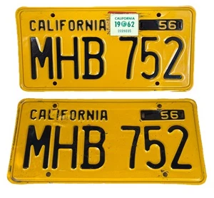 PAIR 1956 DMV CLEAR ( CALIFORNIA ) CAR LICENSE PLATE-VINTAGE MHB 752 - Bild 1 von 12