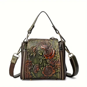 Echtleder Damen leichte Handtasche floral geprägt mit Reißverschluss - Bild 1 von 7