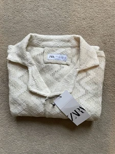 Zara Textured Weave Openwork Knit Polo Shirt Cream Size Medium BNWT RRP €45.95 - Picture 1 of 17