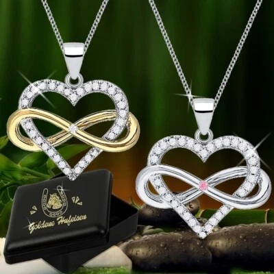 Herz Unendlichkeit Hals-Kette Anhänger Zirkonia 925 Sterling-Silber Schmuck Set  - Bild 1 von 2