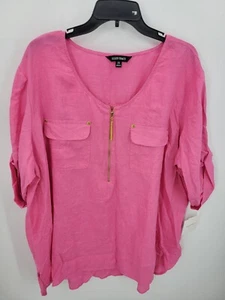 Ellen Tracy Top Womens Plus 3X Bright Pink Linen 3/4 Sleeve Popover Washable - Picture 1 of 12