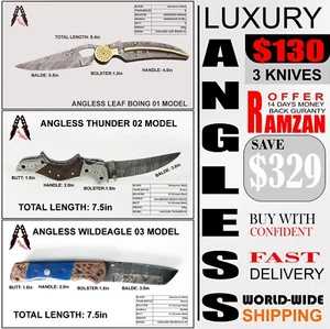 SET OF 3 LUXURY KNIFE #ANGLESS HANDMADE DAMASCUS FOLDING KNIFE LOT 14 - Picture 1 of 21