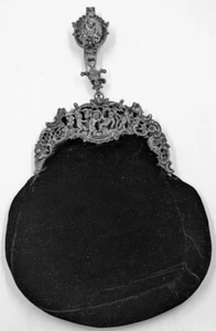 Antica borsa vintage in velluto nero nouveau argento 800 putti uva cintura gancio - Foto 1 di 14