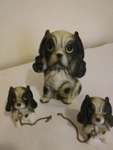 Vintage Porcelain Cocker Spaniel Mother Dog & Puppies w/Chain Leash Japan - Picture 1 of 7