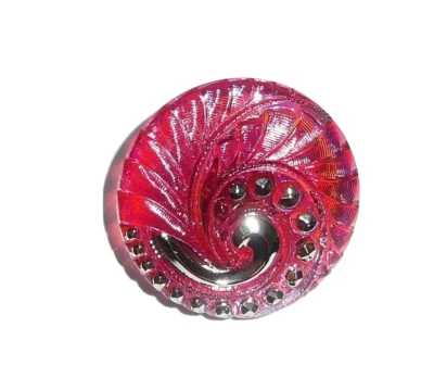 Pretty Pink Fuchsia Spiral Czech Glass Shank Button 27mm Silver Color Finish - Image 1 of 4