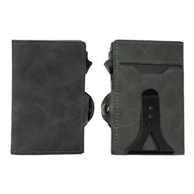Minimalist Leather Card Holder Wallet – RFID Pop-Up Metal Case with Cash Clip - Image 1 of 4