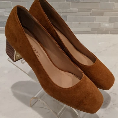 TALBOTS "Isla" Square Toe Stacked Heel Suede Carmel Color Pumps Size 5 - Image 1 of 4