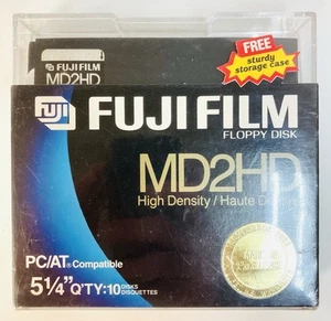 Pack de 10 disquettes FujiFilm MD2HD +1 5,25" 1,6 Mo 5 1/4 scellées neuves scellées - Photo 1/4