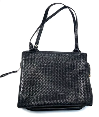 Bolsa de ombro Bottega Veneta Intrecciato couro preto - Antiga da década de 1970 armazenada 1989 - Imagem 1 de 4