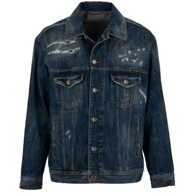 DOLCE & GABBANA DG Logo Distressed Denim Oversize Jeans Jacket Blue - Image 1 of 4