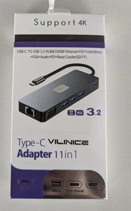 Vilinice USB C Hub Triple Display Type 11 Ports Adapter Docking Station - Grey - Picture 1 of 2