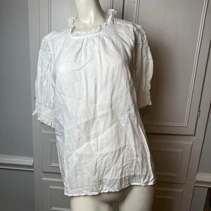 J. Crew 100% Linen Short Sleeve Ruffle Neck Blouse Top Large White - Bild 1 von 10