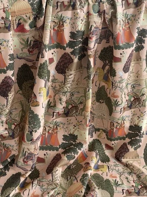 Regalia Indian Fabric Mustard Cotton Pink Mughal Scene – Elephant & Horse Print - Image 1 of 4