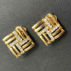 Paar Vintage Ohrringe quadratisch Strass goldfarben gerippt Clip auf - Bild 1 von 8