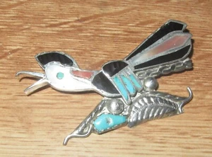 vintage old silver native bird Roadrunner pin brooch, turquoise ? - Picture 1 of 4