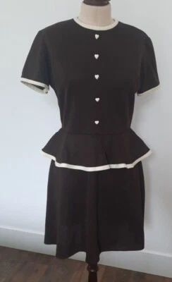 Vintage 50s/60s Peplum Dress Size 13 Brown Ivory Trim Knee Length USA Made - Image 1 of 4