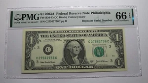 $1 2003 Repeater Serial Number Federal Reserve Currency Bank Note Bill PMG UNC66 - Picture 1 of 3