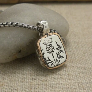 Small Sterling Silver & Bronze Scottish Thistle Pendant Keith Jack 22" Chain - Picture 1 of 8