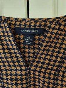 Lands End Houndstooth Tunic Blouse 1X Brown Blue 3/4 Sleeve Notch Neck Lightweig - Picture 1 of 12