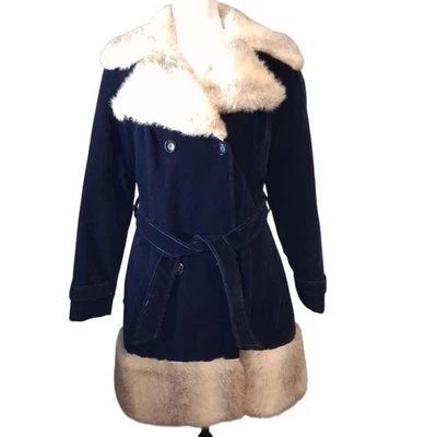 Vintage Penny Lane PeaCoat Jacket Navy Blue Velvet Faux Fur 1970s Belted Sz 4  - Image 1 of 4