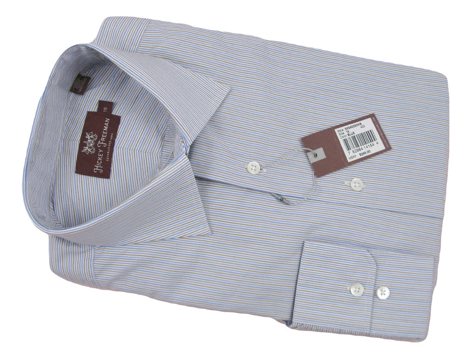 ¡NUEVA $295 Camisa de Vestir Hickey Freeman Crujiente! 16 rayas blancas, azules y tostadas *EE. UU.* Foto 1 de 1
