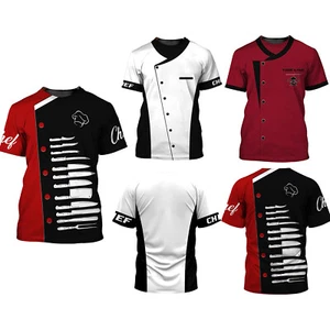 Mens Stylish Print Contrast Color Chef Shirt Hotel Restaurant Kitchen Costume - Picture 1 of 36