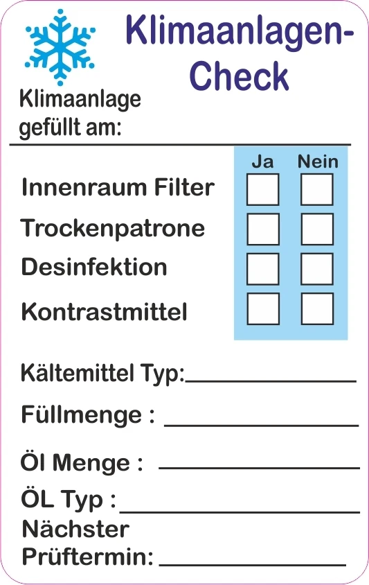 EIGENE HERSTELLUNG 20x Klimaanlagen Service Aufkleber Inspektionsaufkleber Serviceaufkleber 45x72mm