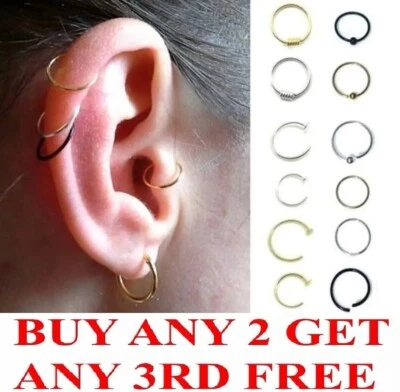 Thin Sterling Silver Cartilage Earring Tragus Nose Ring Eyebrow  Hoop Piercing  - Image 1 of 4